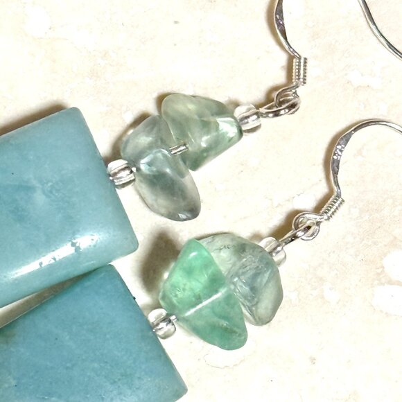 2/$20, Genuine Teal Amazonite & Fluorite Gemstone Sterling Silver Hook Earrings - Picture 3 of 9